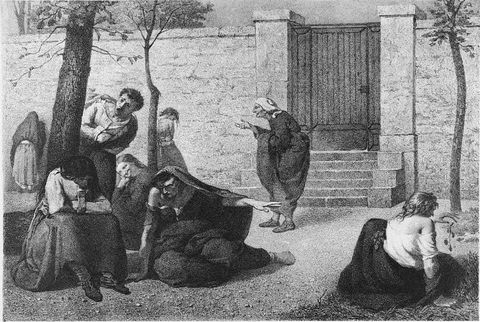 An engraving of destitute people gathered outside an asylum gate