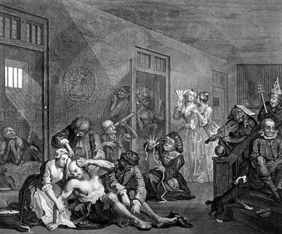 Hogarth's engraving of the madhouse at Bethlem, with visitors watching the patients