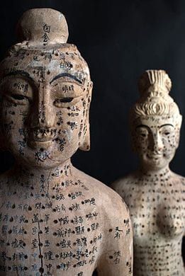 Two Chinese acupuncture figures marked with meridian points and characters
