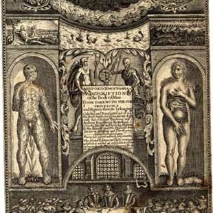 The engraved frontispiece of an anatomical treatise, with figures either side of the title