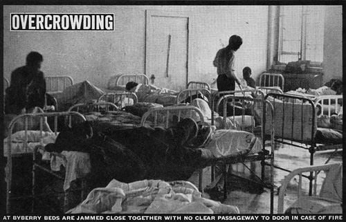 A photograph of an asylum ward with beds jammed together, headed OVERCROWDING and captioned that at Byberry the beds are so close there is no clear passageway to the door in case of fire